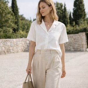 a new day White Linen Button Up Shirt Short Sleeves Pocket Quiet Luxury Top